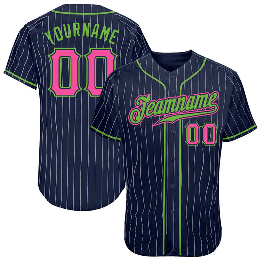 Custom Navy White Pinstripe Pink-Neon Green Authentic Baseball Jersey - Sky-Custom