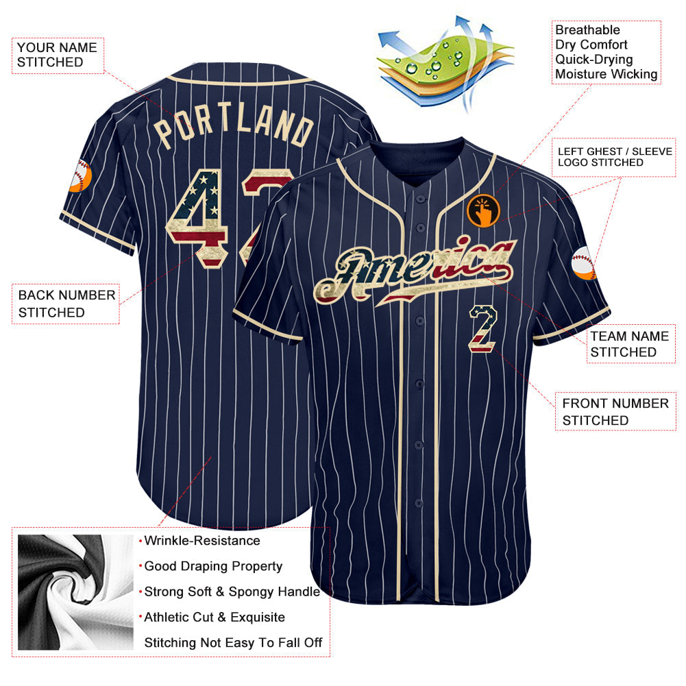 Custom Navy White Pinstripe Vintage USA Flag-Cream Authentic Baseball Jersey - Sky-Custom