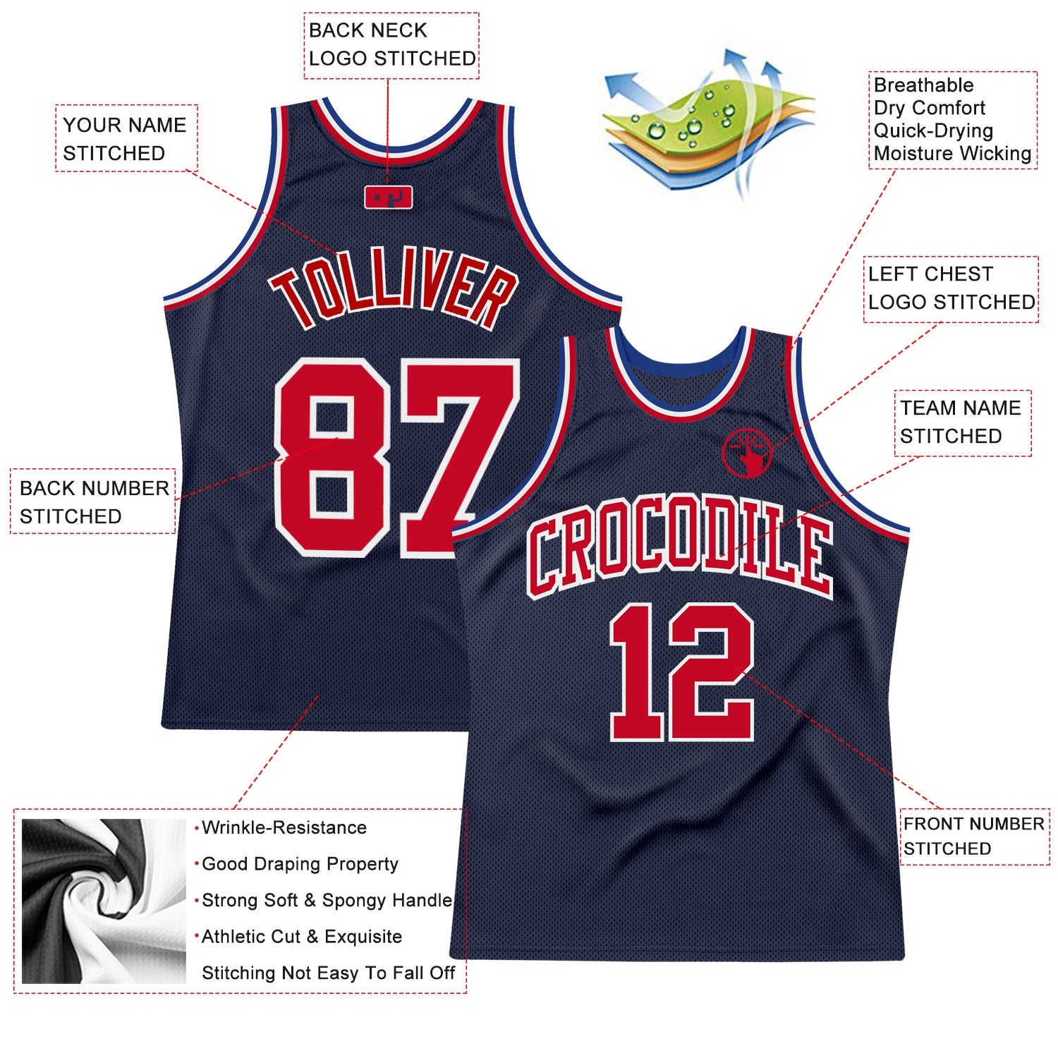 Custom Navy Red-White Authentic Throwback Basketball Jersey - Sky-Custom