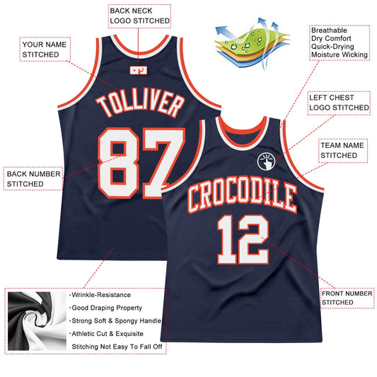 Custom Navy White-Orange Authentic Throwback Basketball Jersey - Sky-Custom