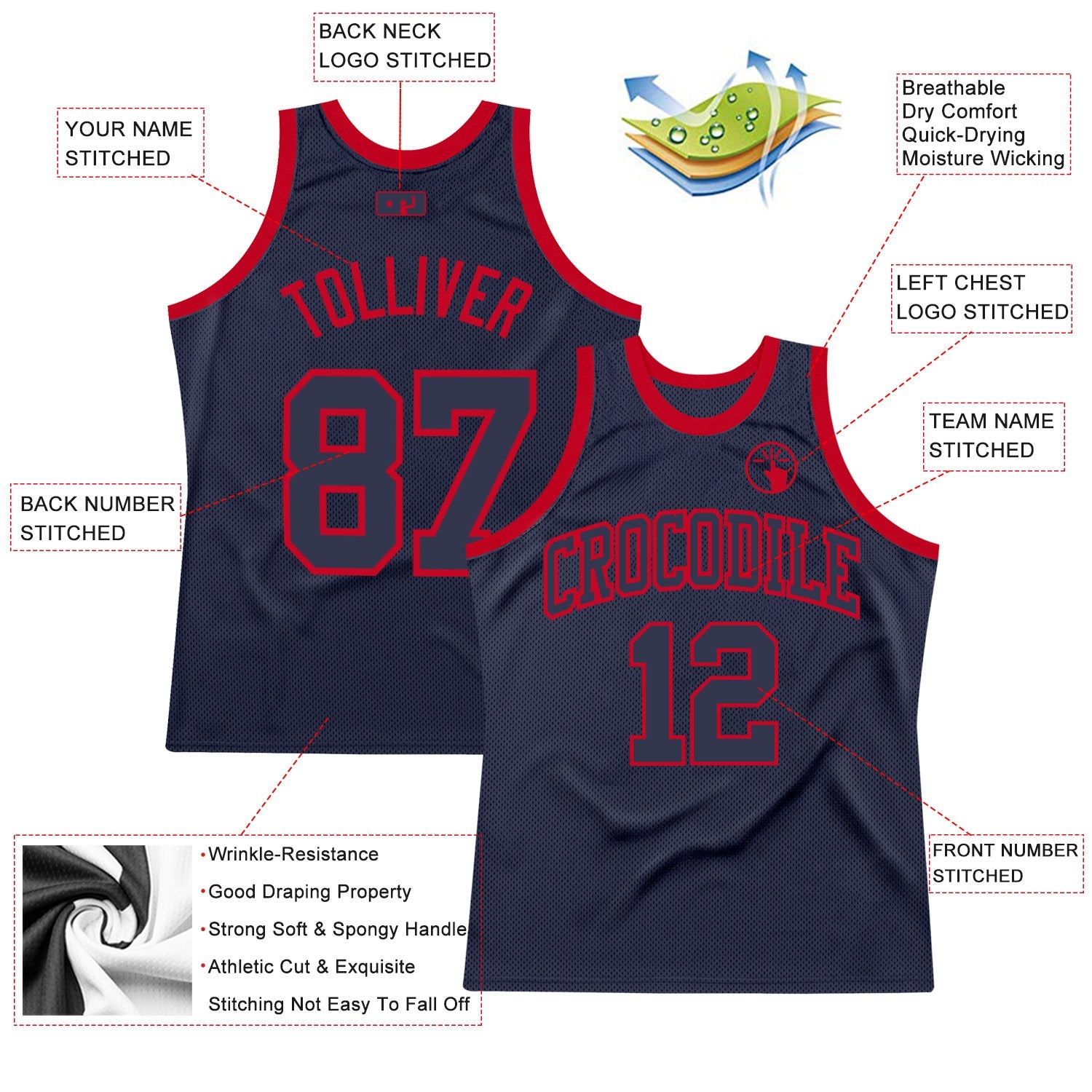 Custom Navy Navy-Red Authentic Throwback Basketball Jersey - Sky-Custom