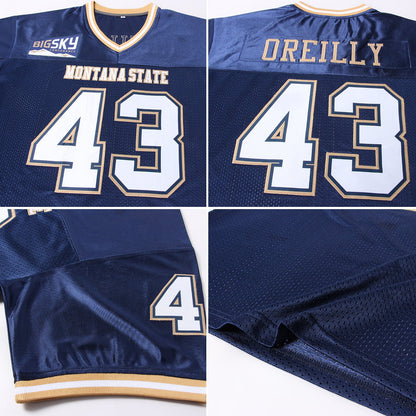 Custom Navy White-Old Gold Mesh Authentic Throwback Football Jersey - Sky-Custom