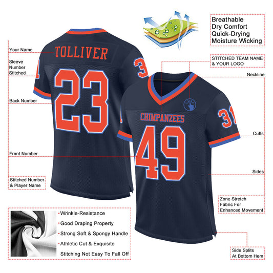 Custom Navy Orange-Blue Mesh Authentic Throwback Football Jersey - Sky-Custom