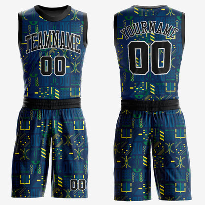 Custom Navy Black-Gold Round Neck Sublimation Basketball Suit Jersey - Sky-Custom