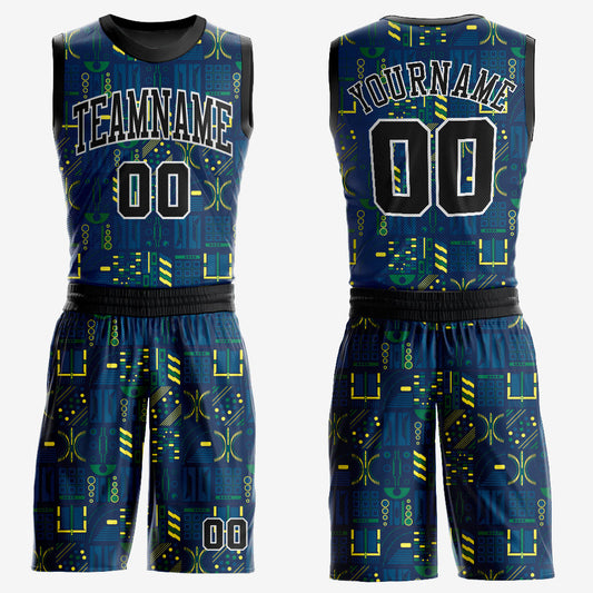Custom Navy Black-Gold Round Neck Sublimation Basketball Suit Jersey - Sky-Custom