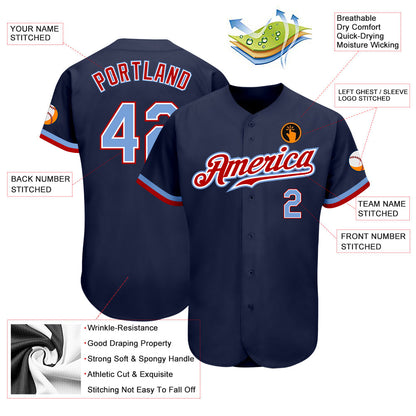 Custom Navy Light Blue-Red Authentic Baseball Jersey - Sky-Custom