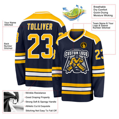 Custom Navy Gold-White Hockey Jersey - Sky-Custom