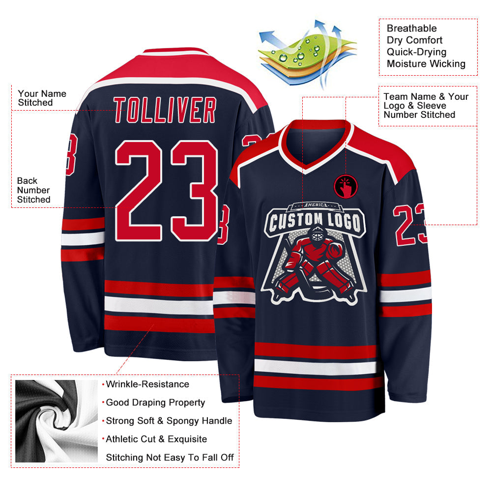 Custom Navy Red-White Hockey Jersey - Sky-Custom