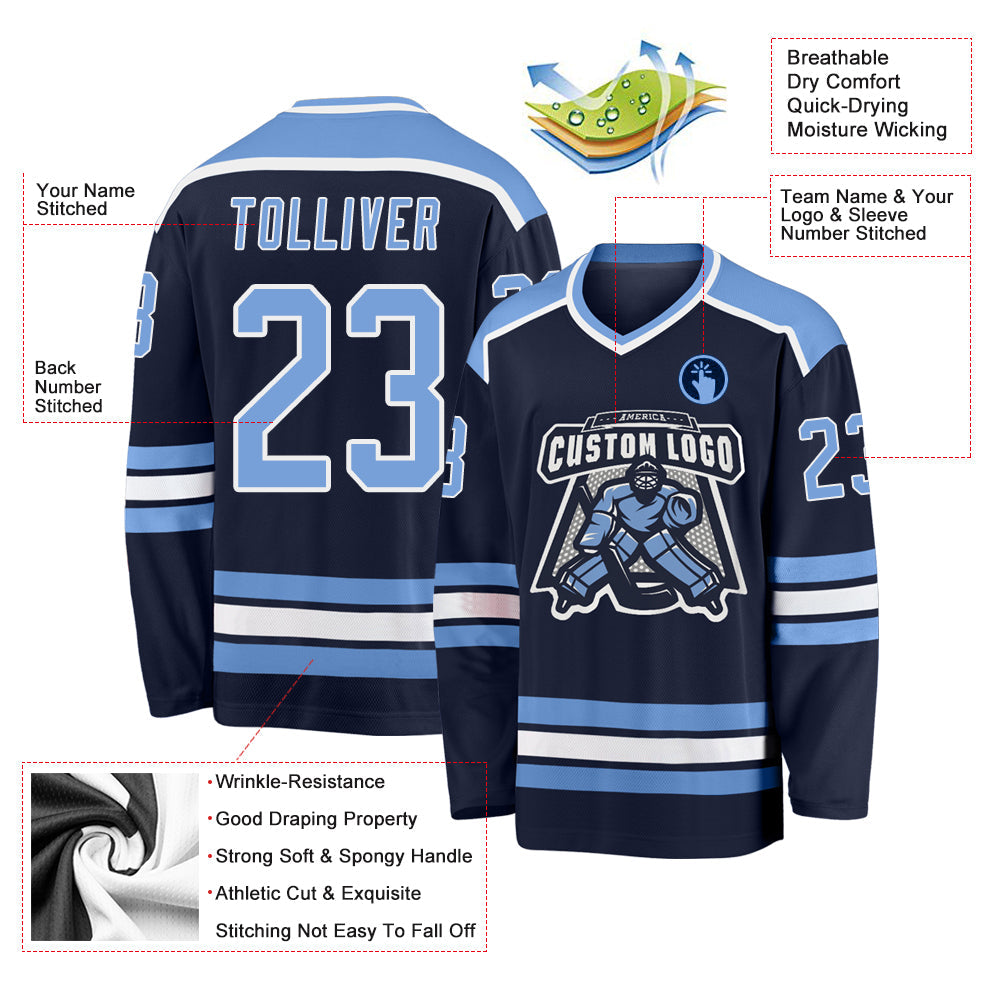 Custom Navy Light Blue-White Hockey Jersey - Sky-Custom