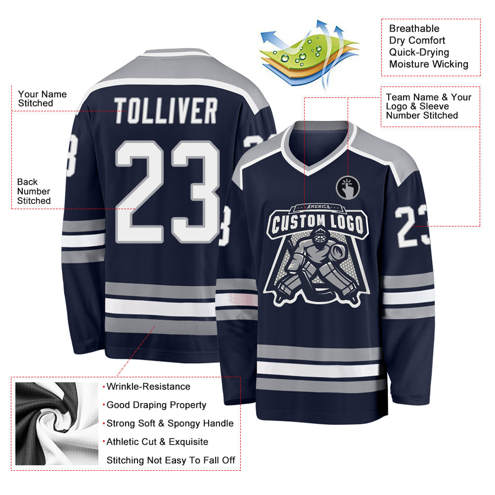 Custom Navy White-Gray Hockey Jersey - Sky-Custom