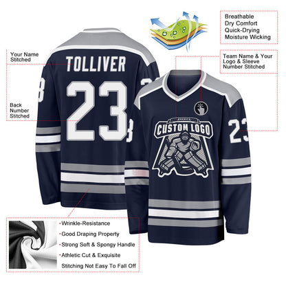 Custom Navy White-Gray Hockey Jersey - Sky-Custom