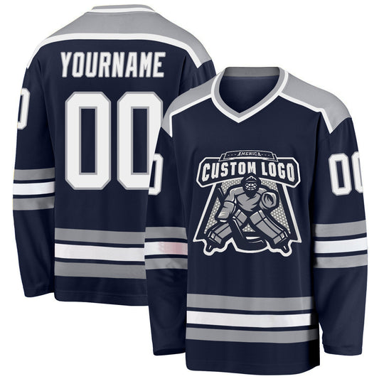 Custom Navy White-Gray Hockey Jersey - Sky-Custom