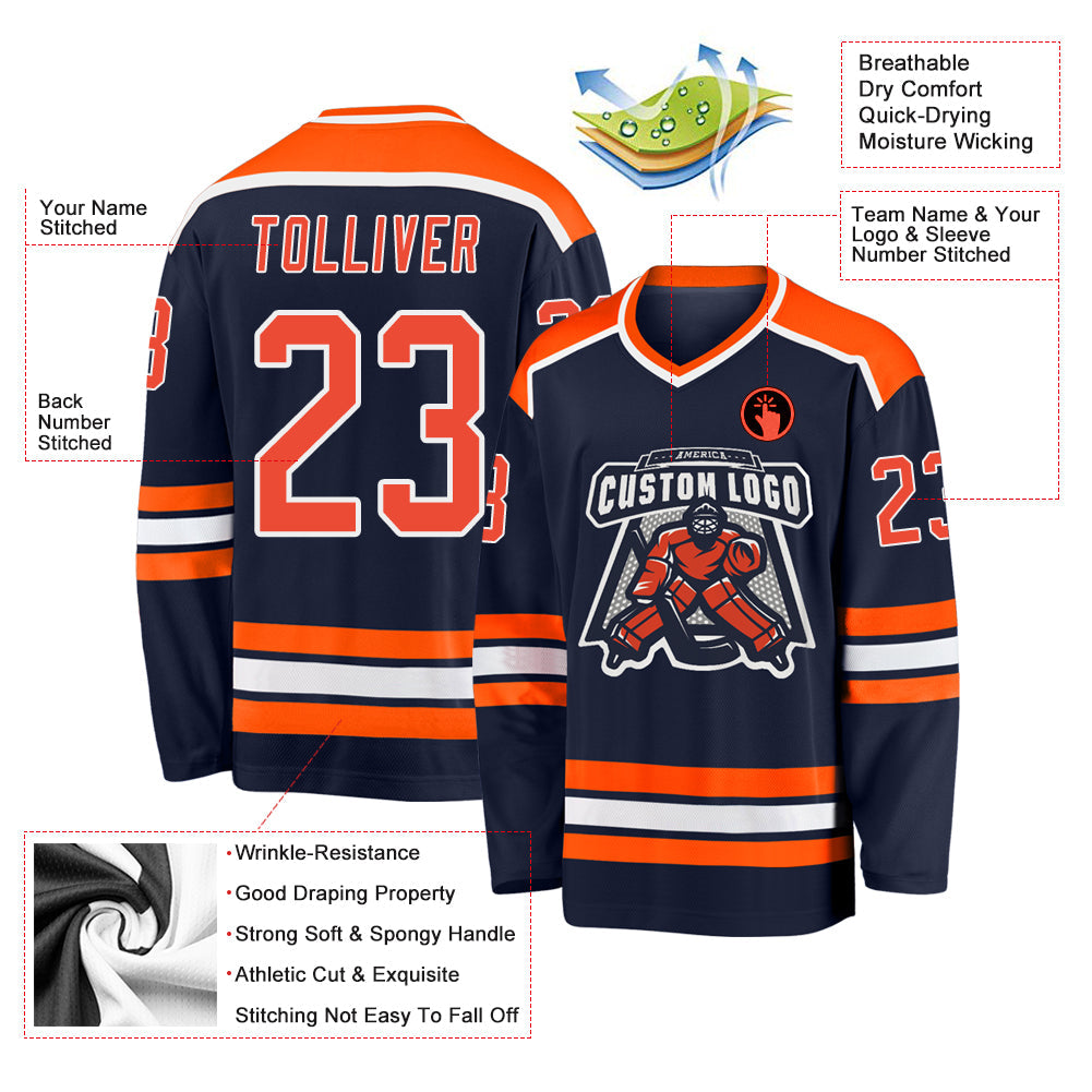 Custom Navy Orange-White Hockey Jersey - Sky-Custom