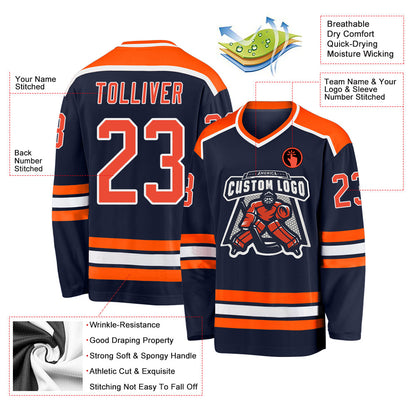 Custom Navy Orange-White Hockey Jersey - Sky-Custom