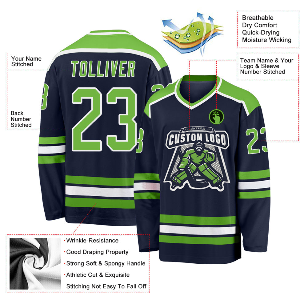 Custom Navy Neon Green-White Hockey Jersey - Sky-Custom