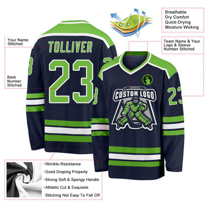 Custom Navy Neon Green-White Hockey Jersey - Sky-Custom