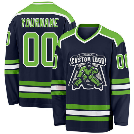 Custom Navy Neon Green-White Hockey Jersey - Sky-Custom