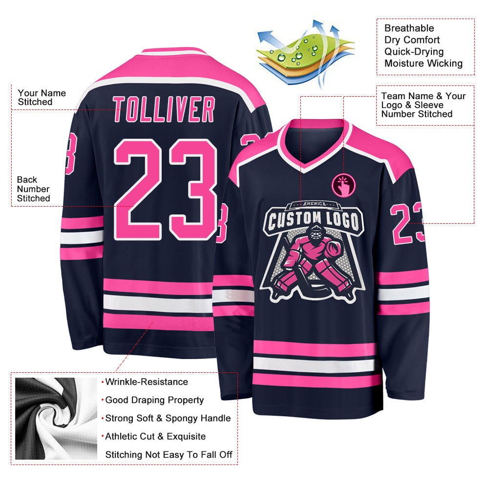 Custom Navy Pink-White Hockey Jersey - Sky-Custom