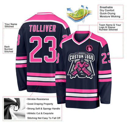 Custom Navy Pink-White Hockey Jersey - Sky-Custom