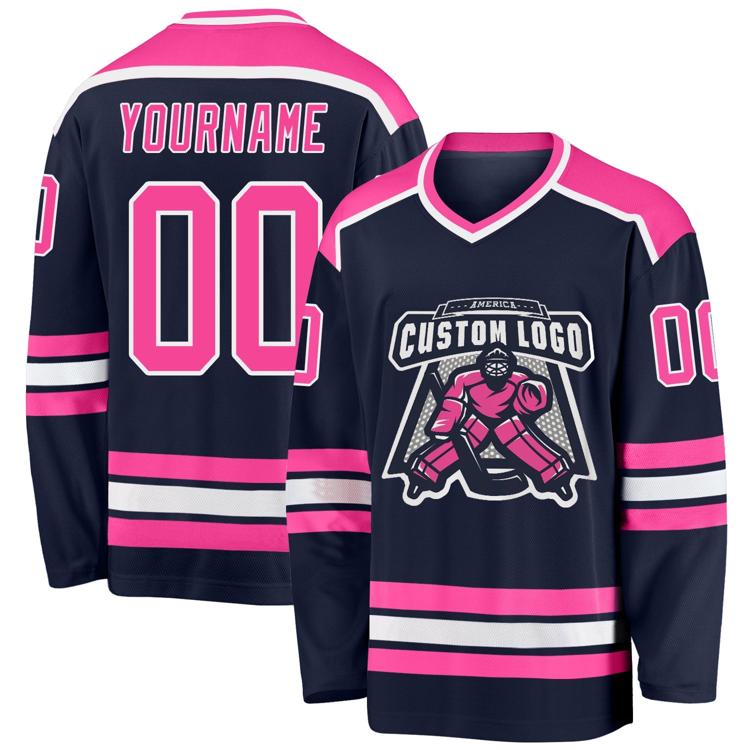Custom Navy Pink-White Hockey Jersey - Sky-Custom