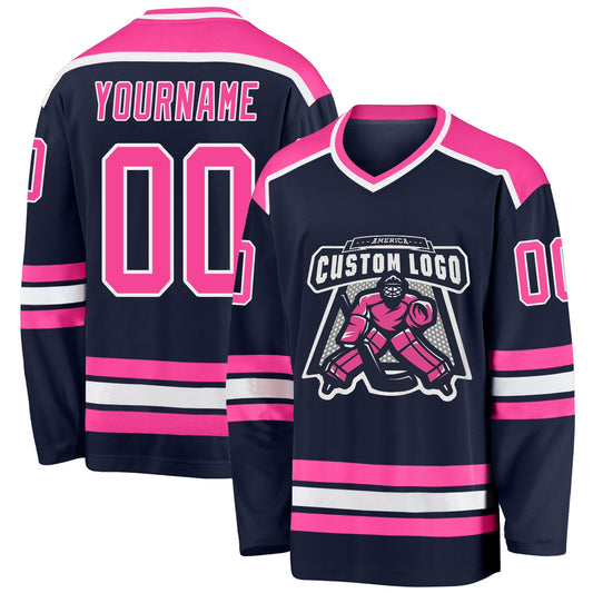 Custom Navy Pink-White Hockey Jersey - Sky-Custom