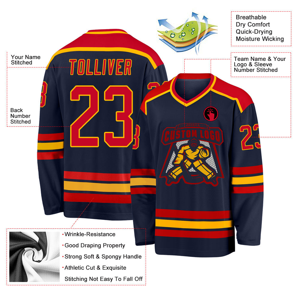 Custom Navy Red-Gold Hockey Jersey - Sky-Custom
