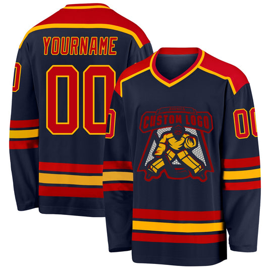 Custom Navy Red-Gold Hockey Jersey - Sky-Custom