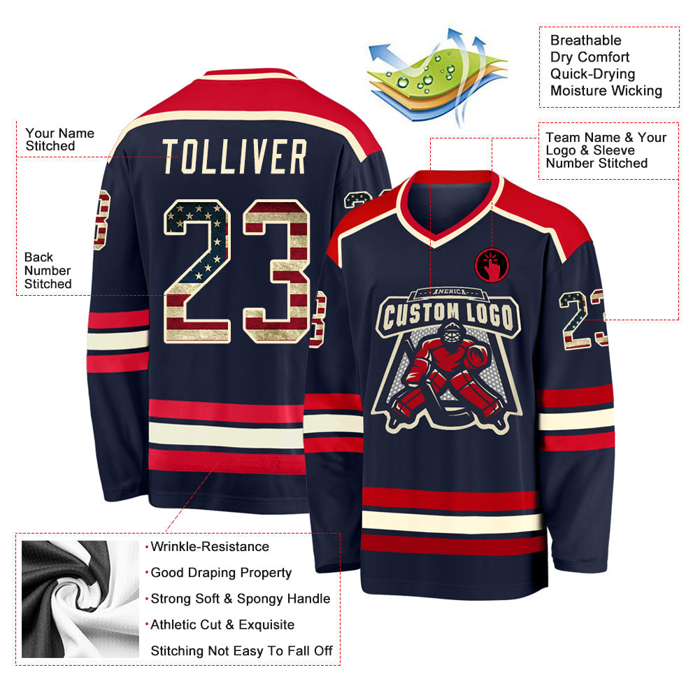 Custom Navy Vintage USA Flag Cream-Red Hockey Jersey - Sky-Custom