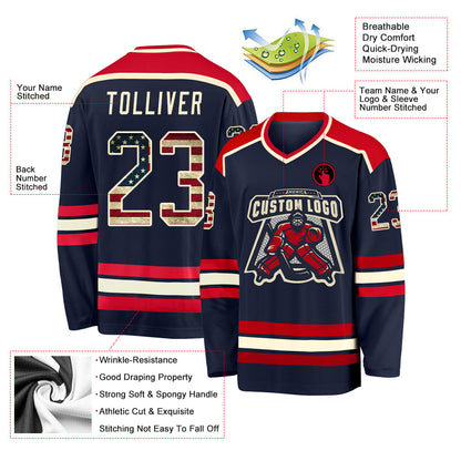 Custom Navy Vintage USA Flag Cream-Red Hockey Jersey - Sky-Custom