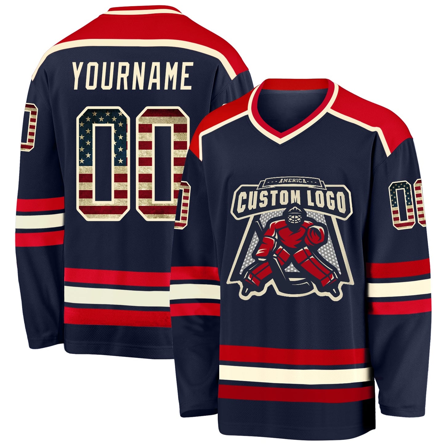 Custom Navy Vintage USA Flag Cream-Red Hockey Jersey - Sky-Custom