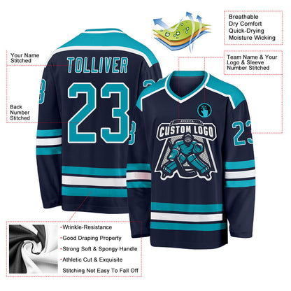 Custom Navy Teal-White Hockey Jersey - Sky-Custom