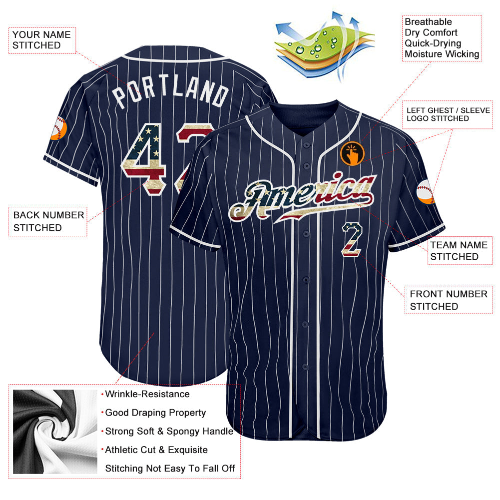Custom Navy White Pinstripe Vintage USA Flag-White Authentic Baseball Jersey - Sky-Custom