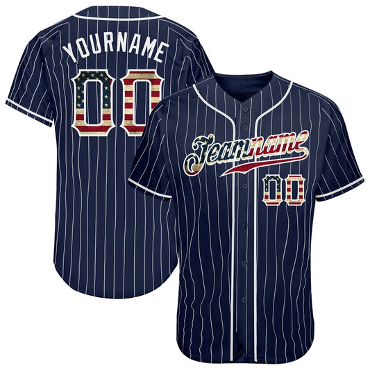 Custom Navy White Pinstripe Vintage USA Flag-White Authentic Baseball Jersey - Sky-Custom