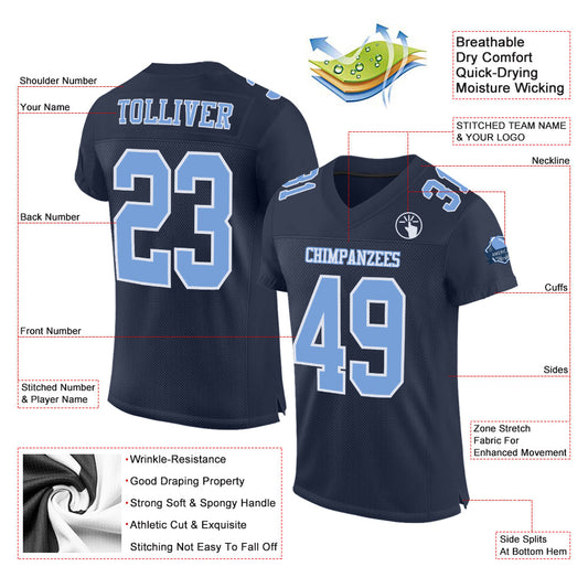 Custom Navy Light Blue-White Mesh Authentic Football Jersey - Sky-Custom