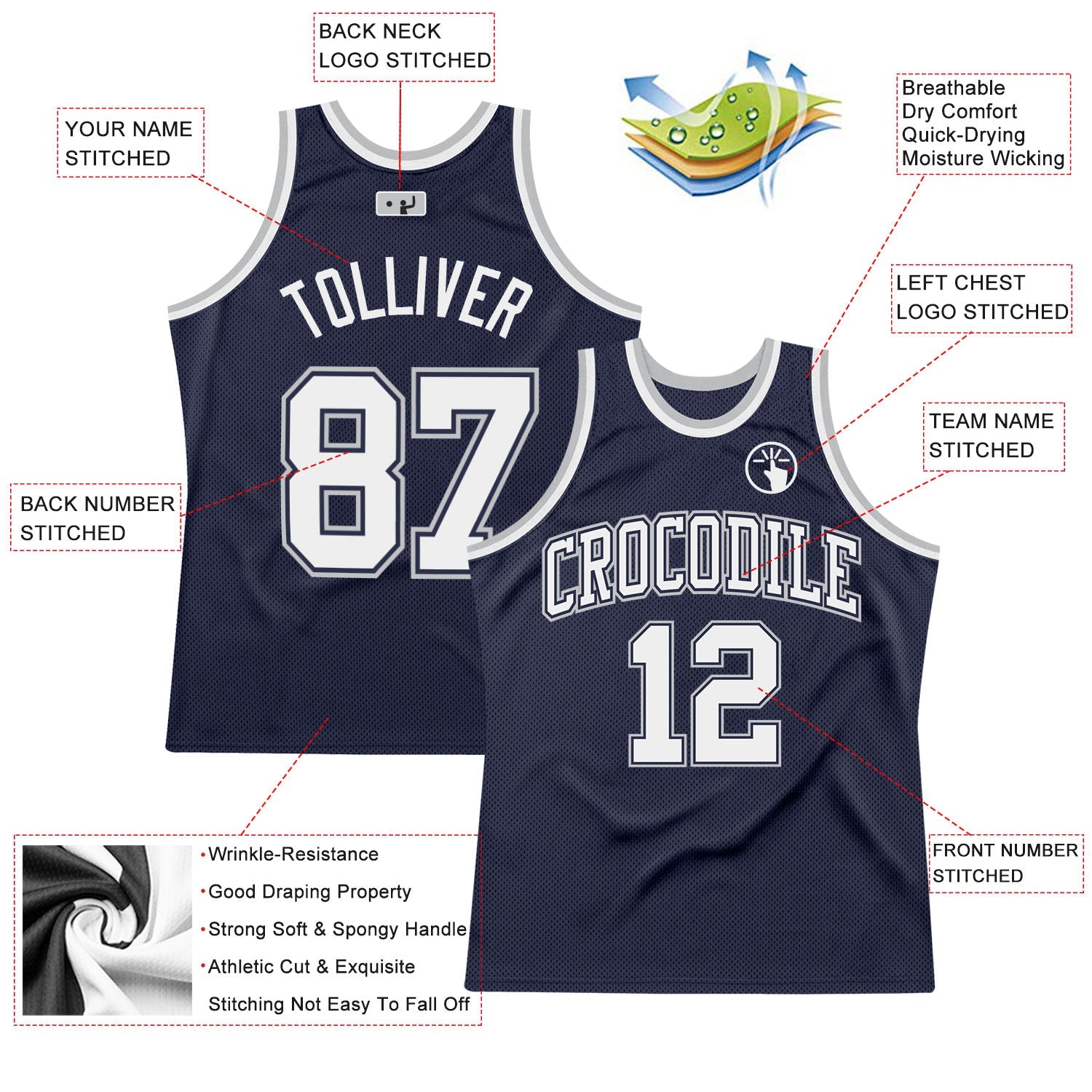 Custom Navy White Navy-Gray Authentic Throwback Basketball Jersey - Sky-Custom