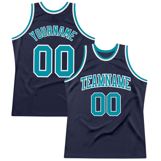Custom Navy Teal-White Authentic Throwback Basketball Jersey - Sky-Custom