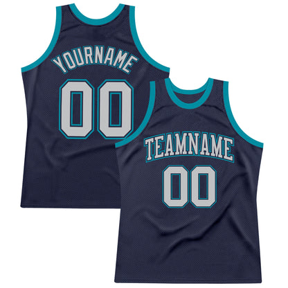 Custom Navy Gray-Teal Authentic Throwback Basketball Jersey - Sky-Custom