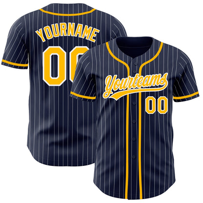 Custom Navy White Pinstripe Gold Authentic Baseball Jersey - Sky-Custom