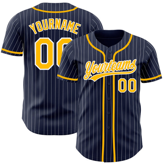 Custom Navy White Pinstripe Gold Authentic Baseball Jersey - Sky-Custom
