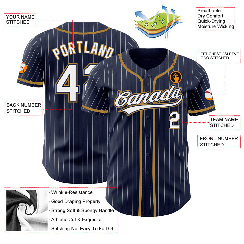 Custom Navy White Pinstripe White-Old Gold Authentic Baseball Jersey - Sky-Custom