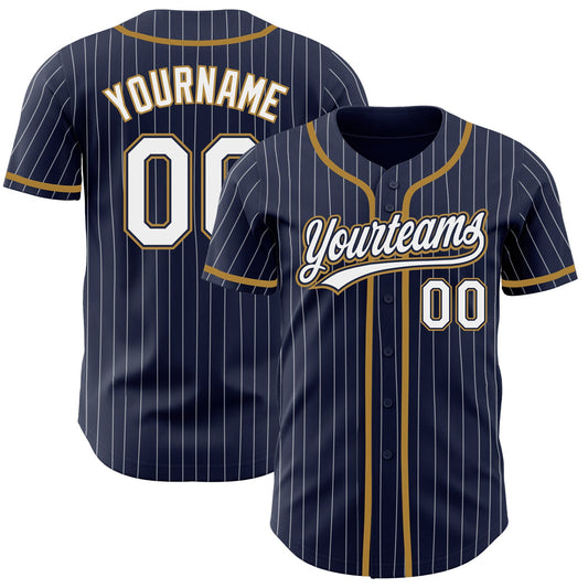 Custom Navy White Pinstripe White-Old Gold Authentic Baseball Jersey - Sky-Custom