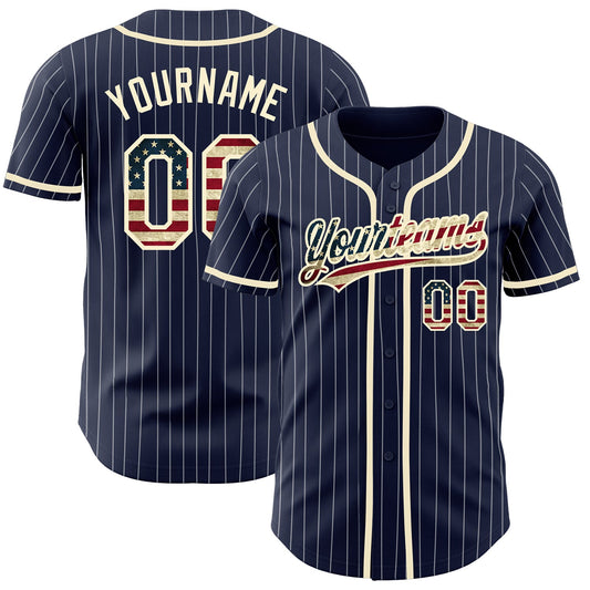 Custom Navy White Pinstripe Vintage USA Flag-Cream Authentic Baseball Jersey - Sky-Custom