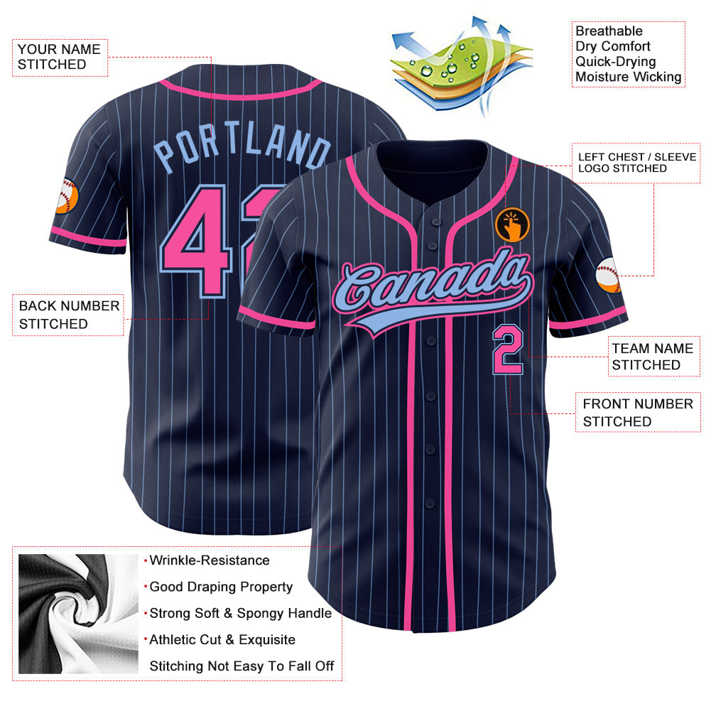 Custom Navy Light Blue Pinstripe Pink Authentic Baseball Jersey - Sky-Custom