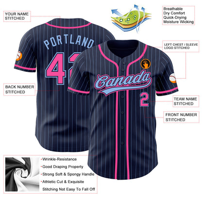 Custom Navy Light Blue Pinstripe Pink Authentic Baseball Jersey - Sky-Custom