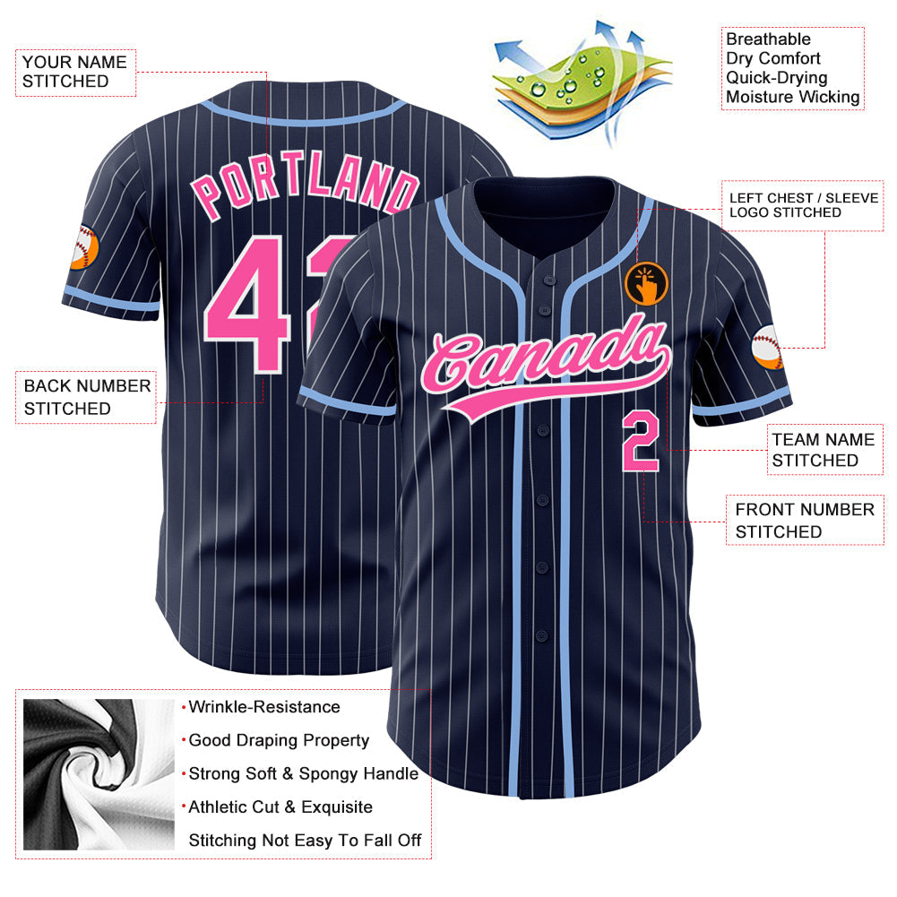Custom Navy White Pinstripe Pink Authentic Baseball Jersey - Sky-Custom