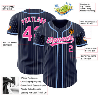 Custom Navy White Pinstripe Pink Authentic Baseball Jersey - Sky-Custom