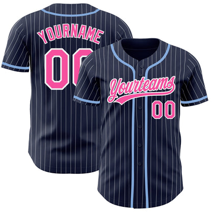 Custom Navy White Pinstripe Pink Authentic Baseball Jersey - Sky-Custom