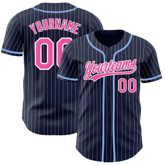 Custom Navy White Pinstripe Pink Authentic Baseball Jersey - Sky-Custom