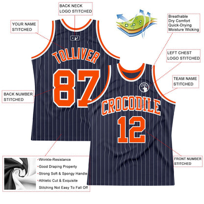 Custom Navy White Pinstripe Orange Authentic Basketball Jersey - Sky-Custom