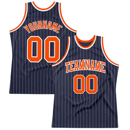Custom Navy White Pinstripe Orange Authentic Basketball Jersey - Sky-Custom